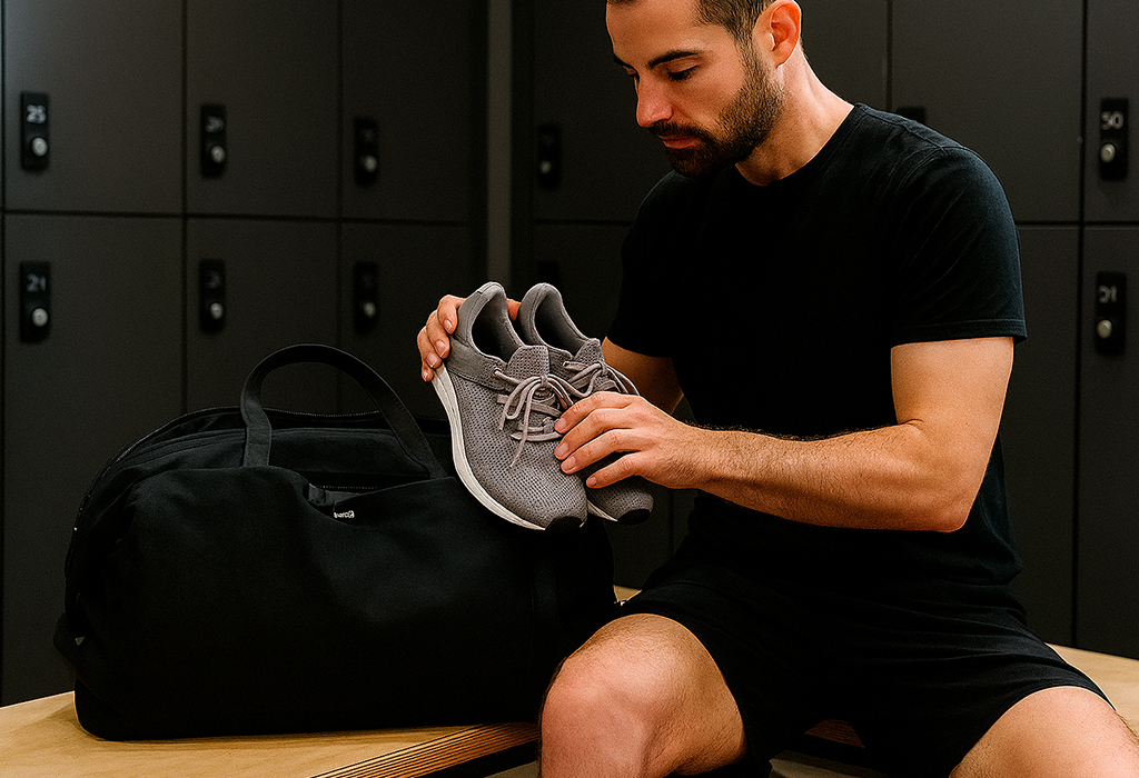 man in gym packs sports shoes into his bag