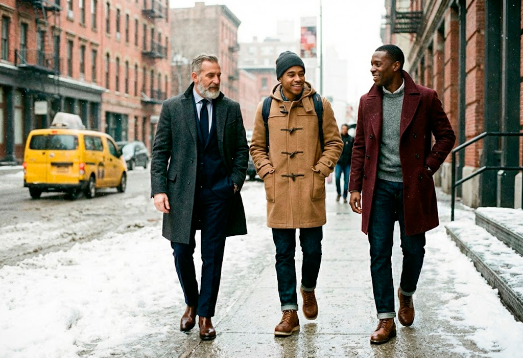 Three men wearing different winter coats walking through a snowy city street, casual and tailored looks.