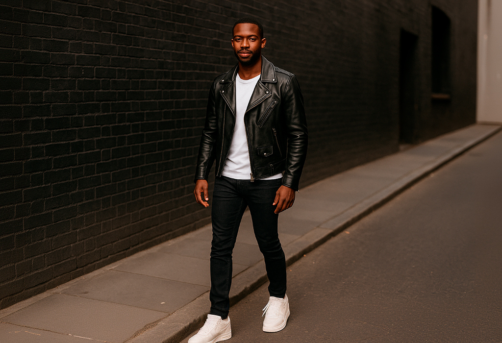 Stylish man in black jeans and leather jacket walking