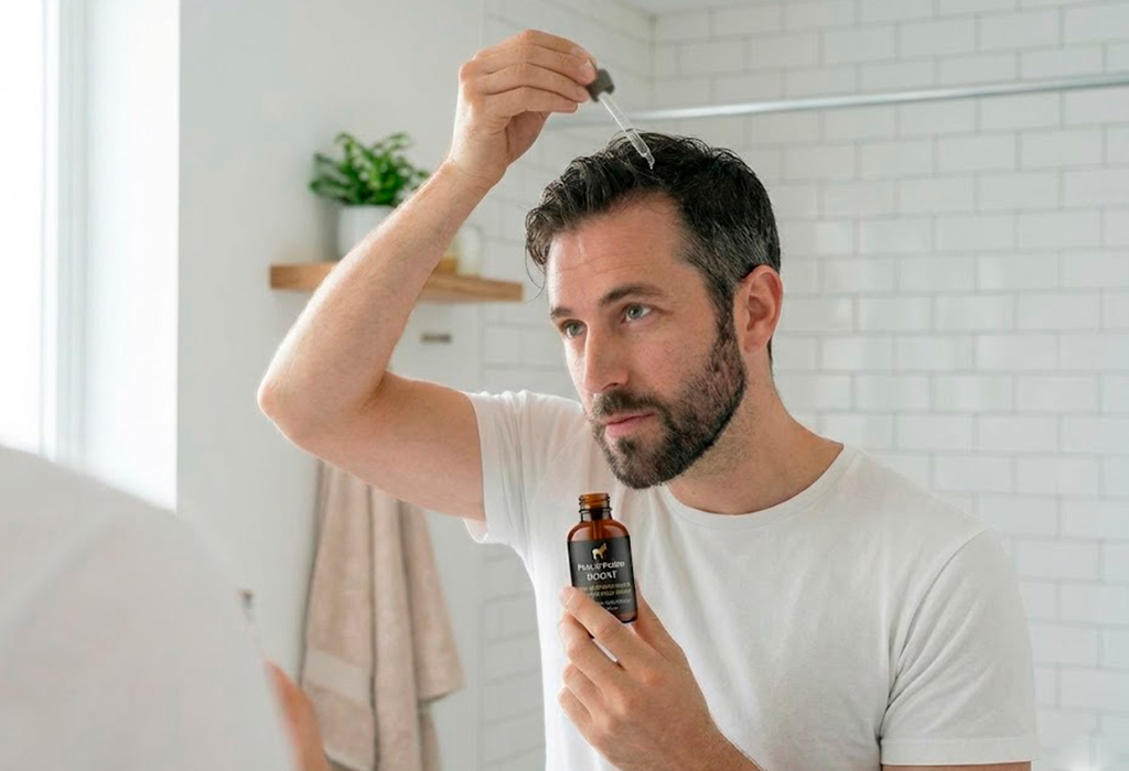 Man applying Pete & Pedro Boost hair growth serum with rosemary, biotin, and essential oils for stronger, thicker, healthier hair