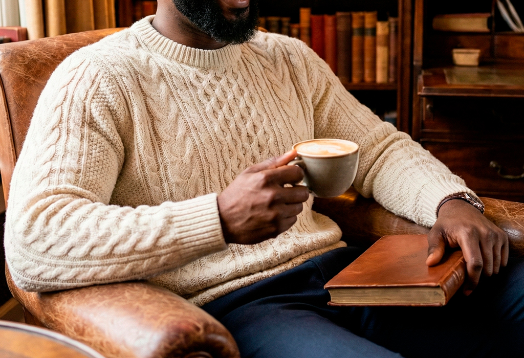 Man in cream cable knit sweater sipping coffee, cozy winter texture and warmth