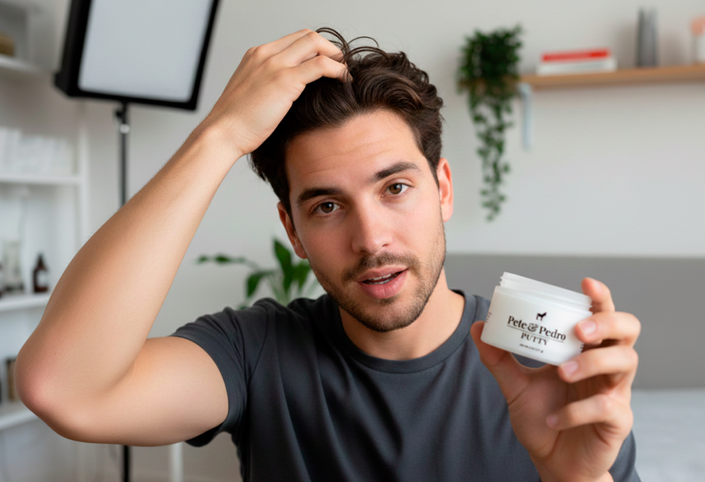 Man styling his hair in a bathroom, achieving a natural, matte finish with Pete & Pedro Putty.