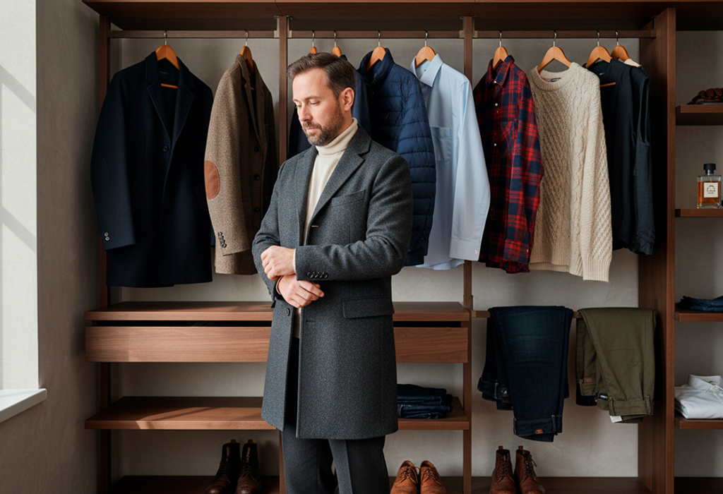 Man adjusting his wool coat in front of organized winter capsule wardrobe closet