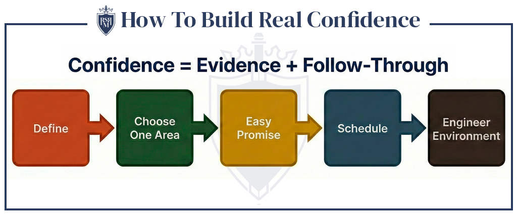 Infographic showing confidence system: define, choose one area, easy promise, schedule, engineer environment.