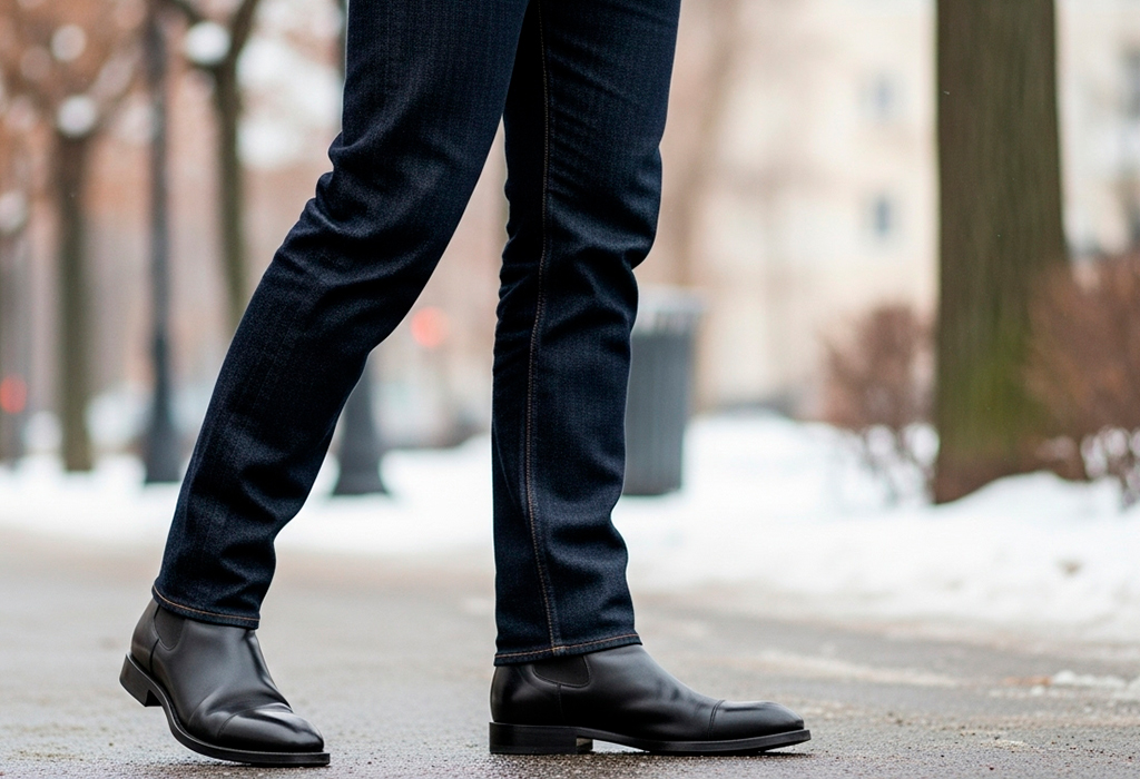 Man wearing dark denim and boots walking in snow.