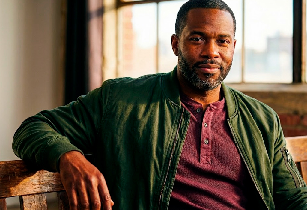 Black man wearing dark mauve-burgundy henley and olive-khaki bomber showing complementary color harmony.