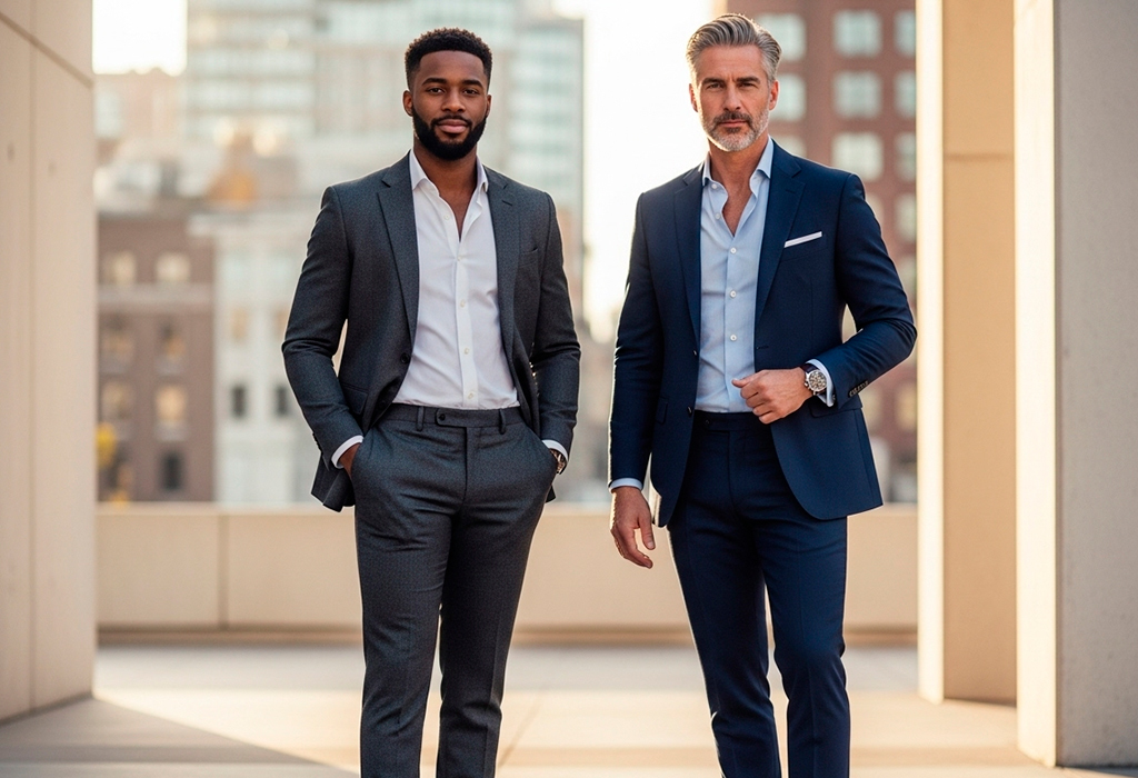 Two men in suits, open collars, urban backdrop.