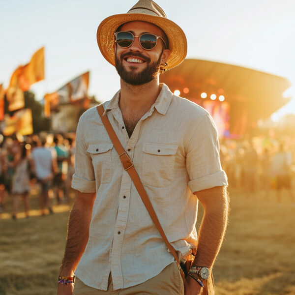 guy in straw hat and sunglasses at outdoor music festival