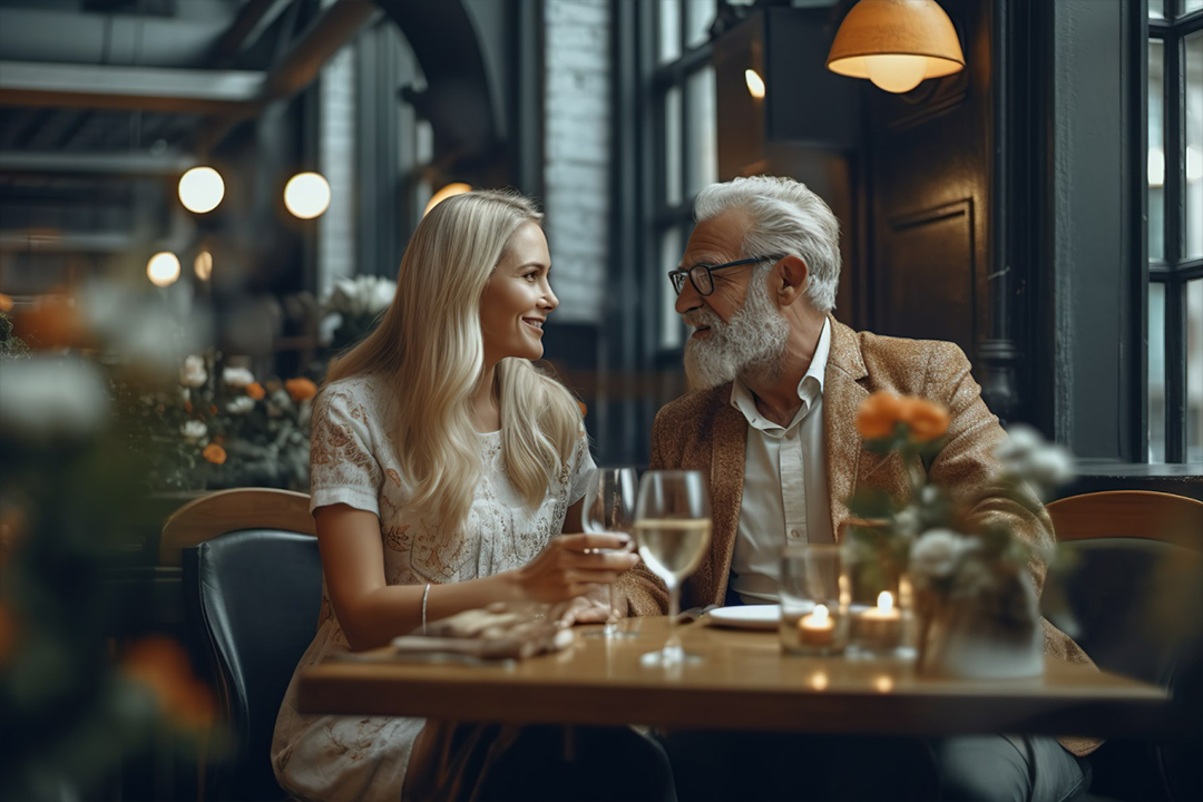 how be gentleman older man and younger woman having a date at restaurant