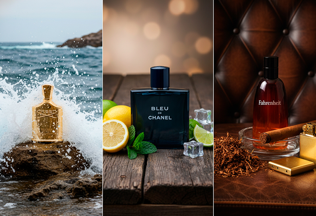 Three men’s fragrances representing different scent families — Creed bottle on a rock with ocean splash (aquatic), Bleu de Chanel with citrus and mint on wooden table (fresh/blue), and Fahrenheit bottle beside cigar and tobacco on leather (leather/spicy)