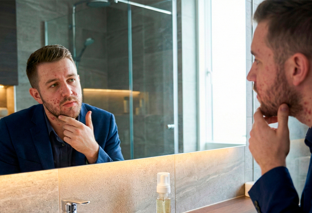 man looking at mirror seeing acne face