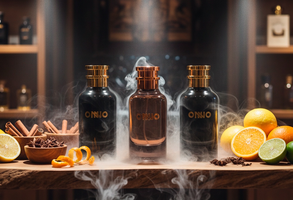 Three ONNO perfume bottles with citrus fruits and spices around them. 