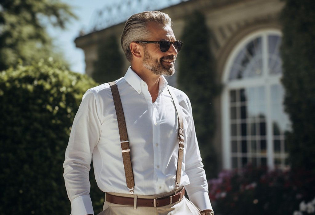 man wearing belt and suspenders