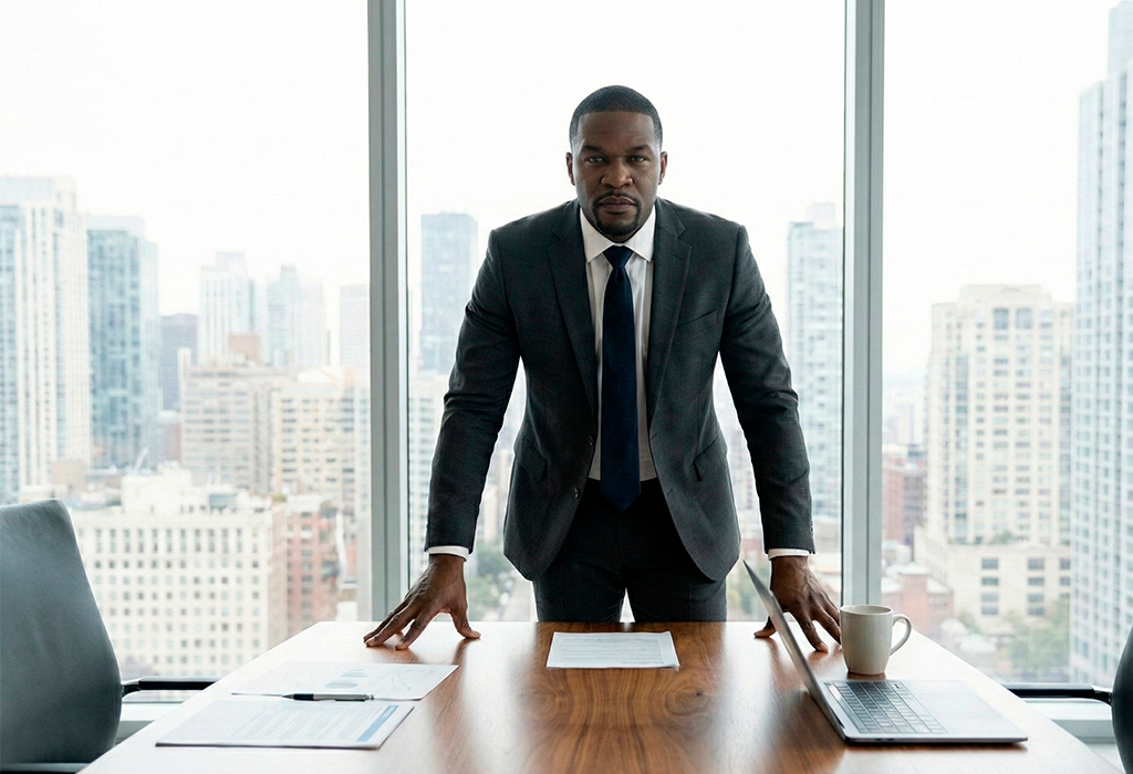 Executive in dark suit leans on desk, projecting authority in a bright modern office.