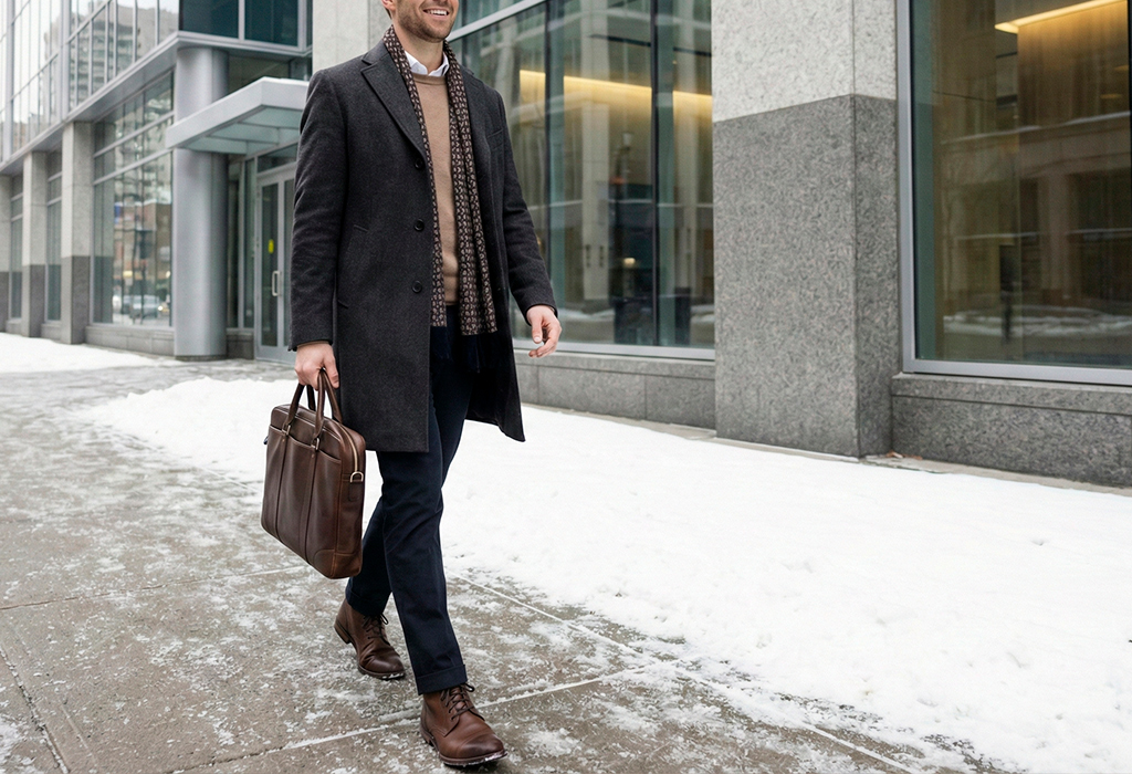 Man in charcoal overcoat, scarf, and dress boots walking to work in snow